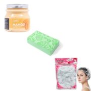 Pack de bain - Gommage Visage et Corps & Bonnet de Douche & Éponge