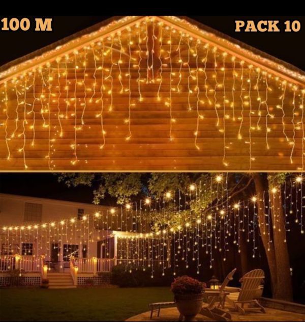Pack De 10 Guirlande De Fête Lumineuse Décorative – Étanche – 8 Modes – 100 LED – Double Fiche – 100M – Jaune