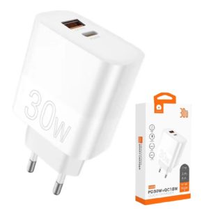 WUW C208 Chargeur Mural Ultra Rapide 30W USB-C + USB QC3.0 18W