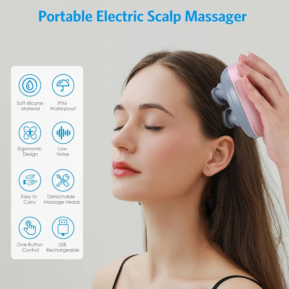 Masseur De Cuir Chevelu Sans Fil 3 en 1 Avec 96 Contacts en Silicone – 3 Modes de Pétrissage – Étanche IPX6 – Rechargeable – Rose