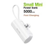 Mini Power Bank 5000mAh Charge Rapide avec Port Lightning et câble USB intégré & Support - Blanc