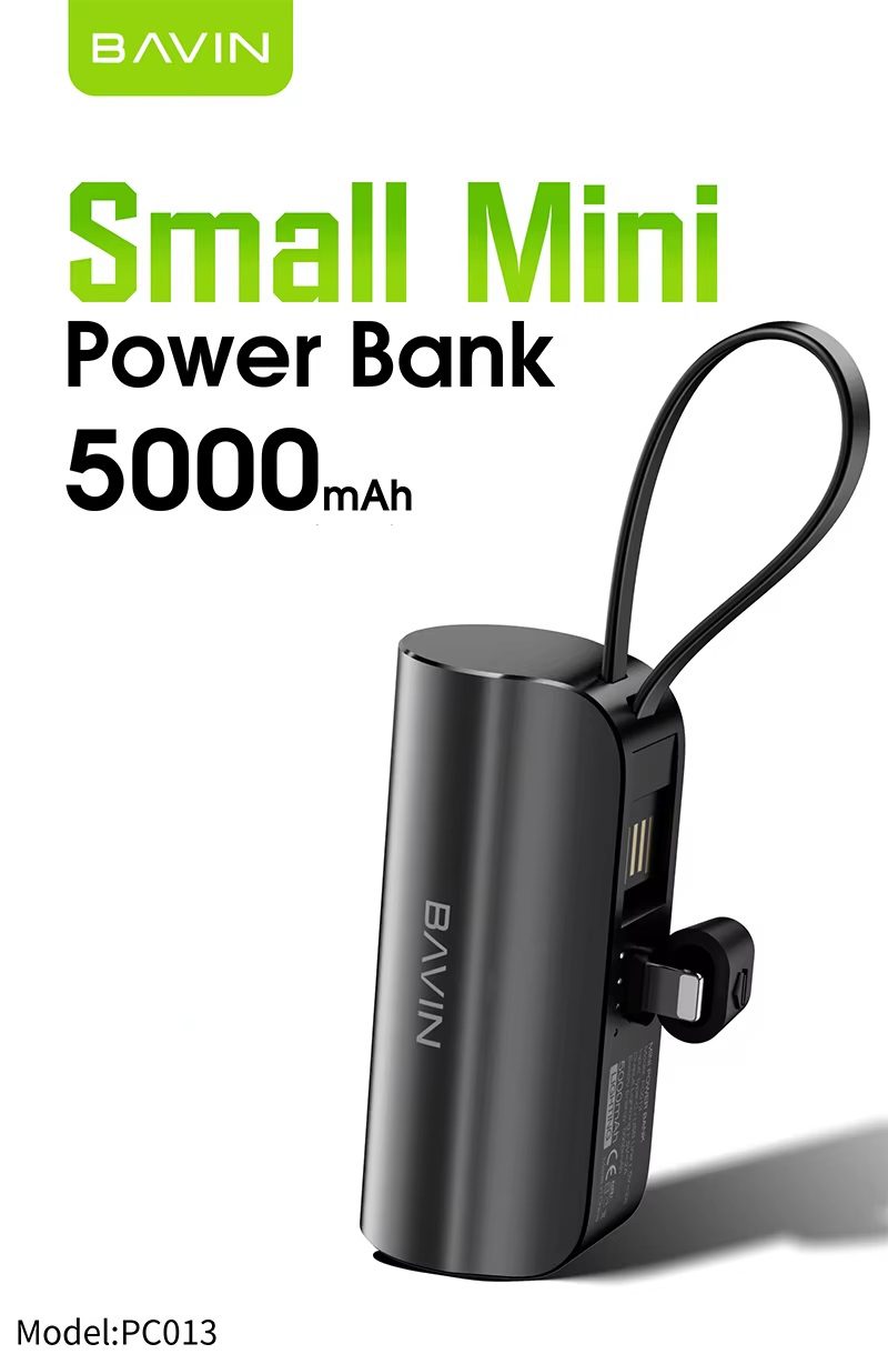 Mini Power Bank 5000mAh Charge Rapide avec Port Lightning et câble USB intégré & Support - Noir