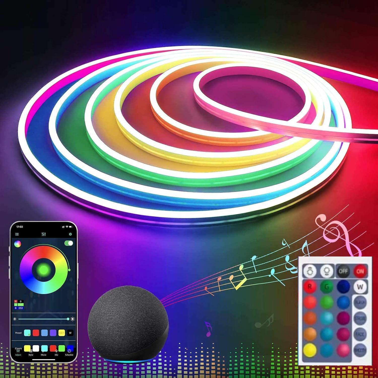 Bande LED Néon 10 M – RVB Flexible – Contrôle APP – Télécommande – Suivi de Musique – Étanche