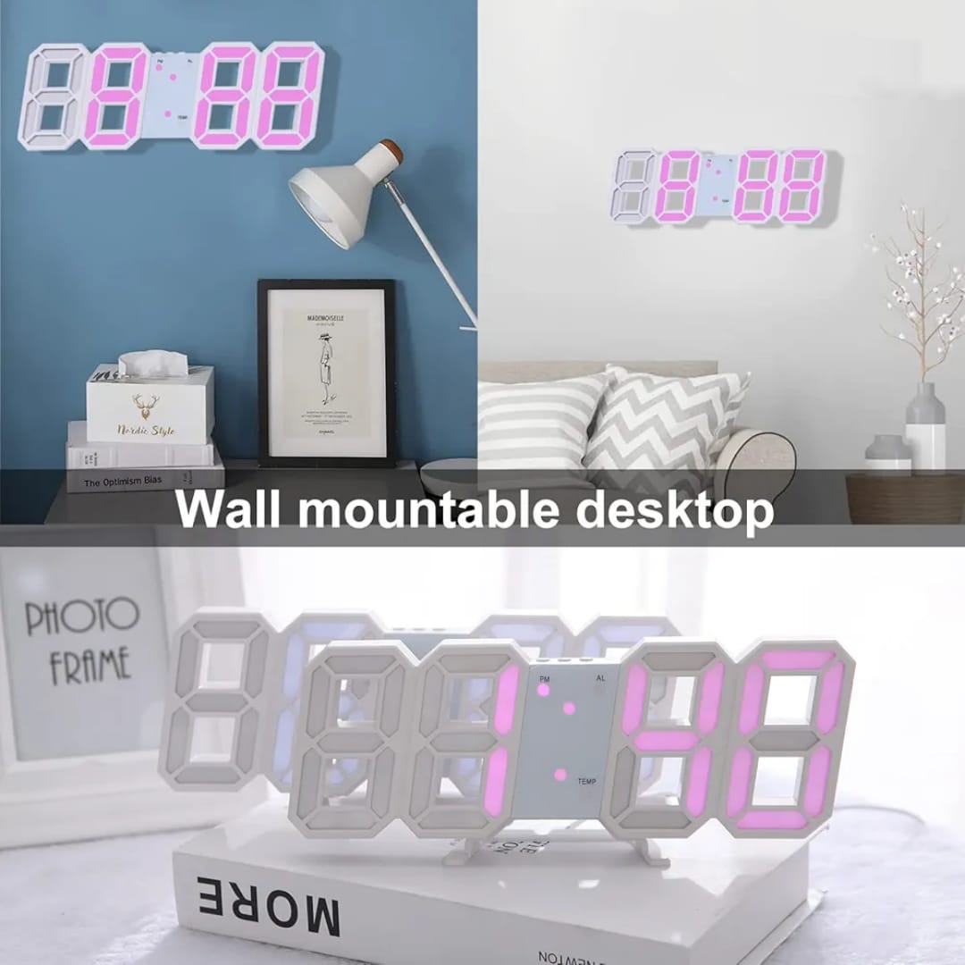 Horloge Digital Led 3D – Affichage 24 et 12 Heures – Alarme Snooze – Température – Rose
