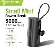 Bavin Mini Power Bank BAVIN 5000mAh Port Type-C avec Câble intégré & Support - Noir