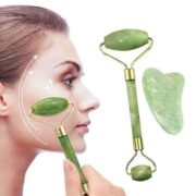 Rouleau Massage Du Visage Pierre De Jade Vert & Planche De Guasha