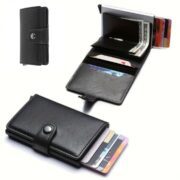 Mini Portefeuille Intelligent À Trois Volets – Fibre de Carbone et Cuir – 5 cartes – 3 Compartiments Pour Billets Noir
